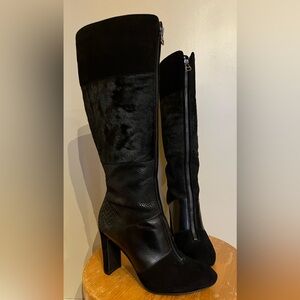 Anne Klein Black Genuine Leather Calf Hair Snake Scale Zip High Heel Boots 7M